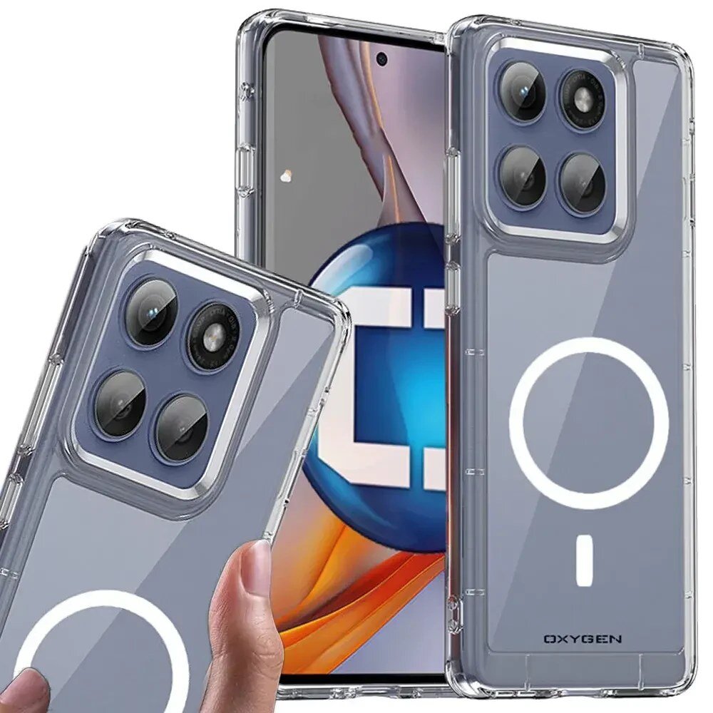 Na obrazie widoczne są dwa przezroczyste etui na telefon z okrągłym wzorem MagSafe i napisem \'OXYGEN\'. W tle znajduje się telefon z dużym ekranem i trzema obiektywami aparatu.