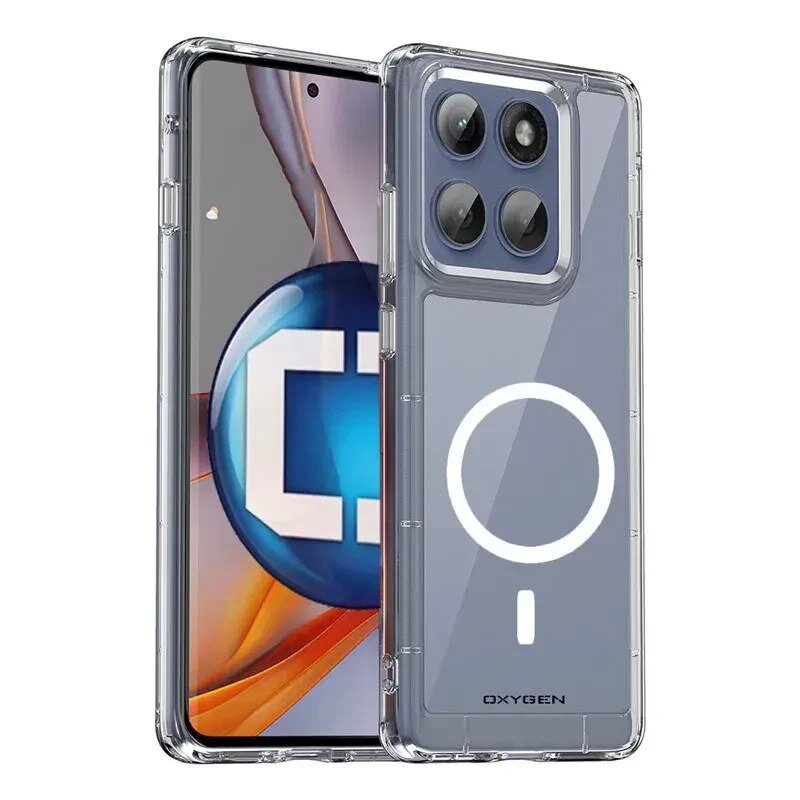 Przezroczyste etui na telefon z widocznym logo \'OXYGEN\' i okrągłym wzorem MagSafe. Obok etui znajduje się telefon z wyświetlaczem pokazującym kolorowy obraz.