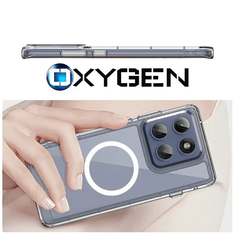 Obraz przedstawia przezroczyste etui na telefon z widocznym logo OXYGEN. Etui ma okrągły wzór na środku i wycięcia na cztery obiektywy aparatu.