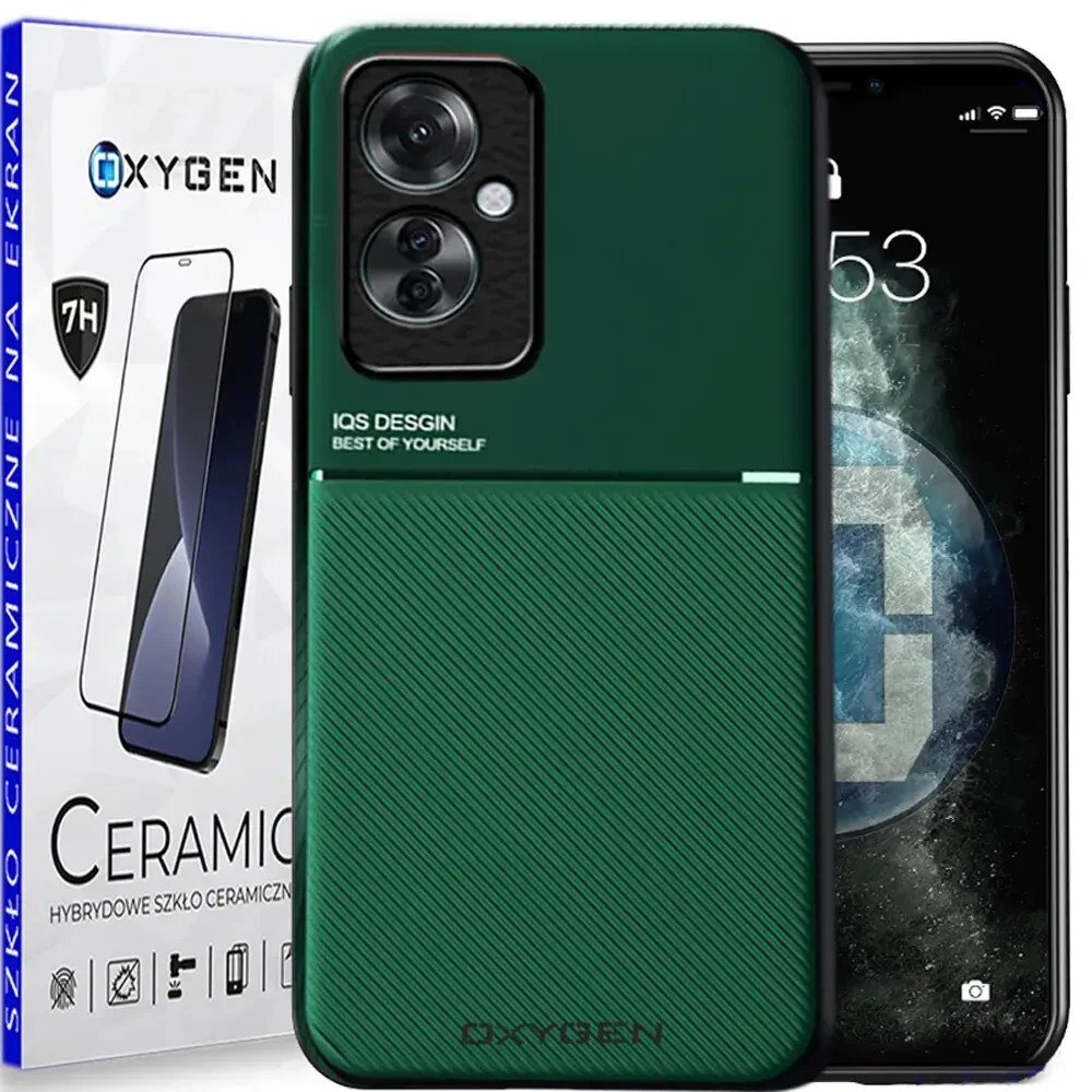 Na obrazie widoczne jest zielone etui na telefon z napisem \'IQS DESIGN BEST OF YOURSELF\' oraz opakowanie z napisem \'OXYGEN\' i \'CERAMIC HYBRYDOWE SZKŁO CERAMICZNE\'.