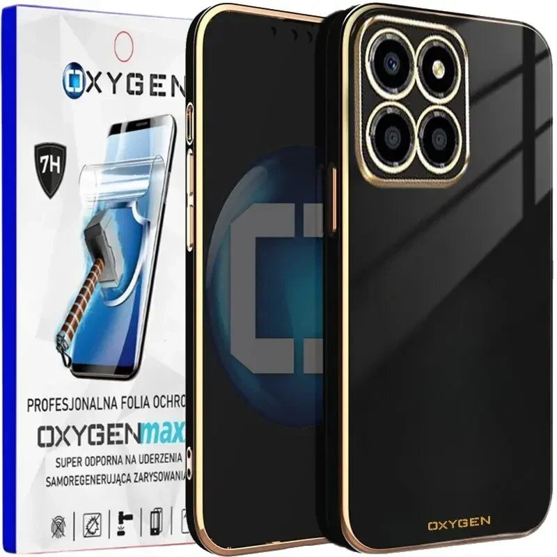 Na obrazie widoczne jest czarne etui na telefon z czterema okrągłymi wycięciami na aparat oraz opakowanie z napisem \'OXYGENmax\'. Opakowanie zawiera grafikę telefonu z folią ochronną i młotkiem oraz tekst \'PROFESJONALNA FOLIA OCHRONNA\', \'SUPER ODPORNA NA UDERZENIA\', \'SAMOREGENERUJĄCA ZARYSOWANIA\'.