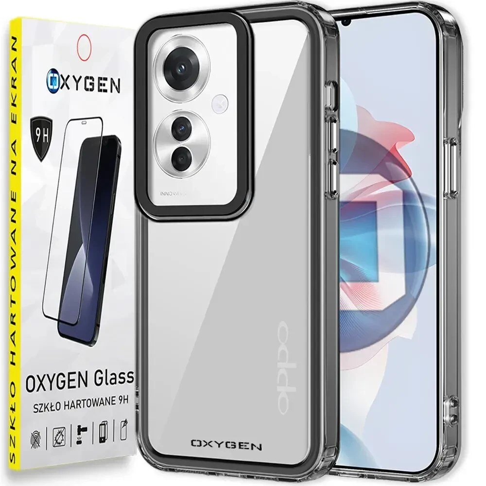 Obraz przedstawia przezroczyste etui na telefon z widocznym napisem \'OXYGEN\' oraz opakowanie szkła hartowanego z tekstem \'OXYGEN Glass\' i \'SZKŁO HARTOWANE 9H\'.