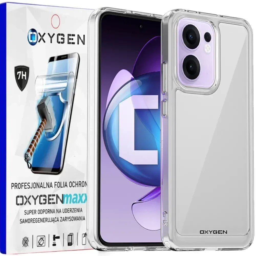 Obraz przedstawia przezroczyste etui na telefon z widocznymi wycięciami na aparat oraz opakowanie z napisem \'OXYGEN\' i grafiką młotka uderzającego w ekran telefonu. Na opakowaniu widnieje tekst: \'PROFESJONALNA FOLIA OCHRONNA OXYGENmaxx SUPER ODPORNA NA UDERZENIA SAMOREGENERUJĄCA ZARYSOWANIA\'.