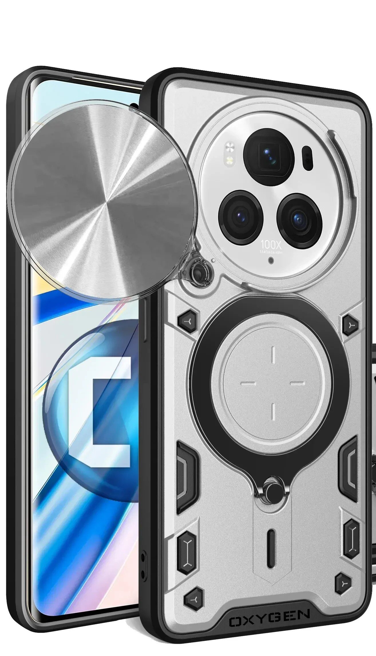 Obraz przedstawia etui na telefon z napisem \'OXYGEN\', zaprojektowane do ochrony aparatu i tylnej części urządzenia. Etui ma srebrny kolor z czarnymi akcentami i okrągłym wycięciem na aparat.