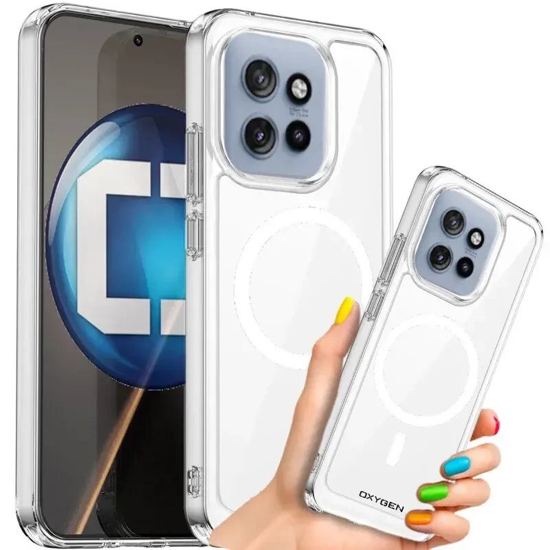 Przezroczyste etui na telefon z widocznym logo \'OXYGEN\' i okrągłym wzorem MagSafe. W tle widać telefon z dużym ekranem i trzema obiektywami aparatu.
