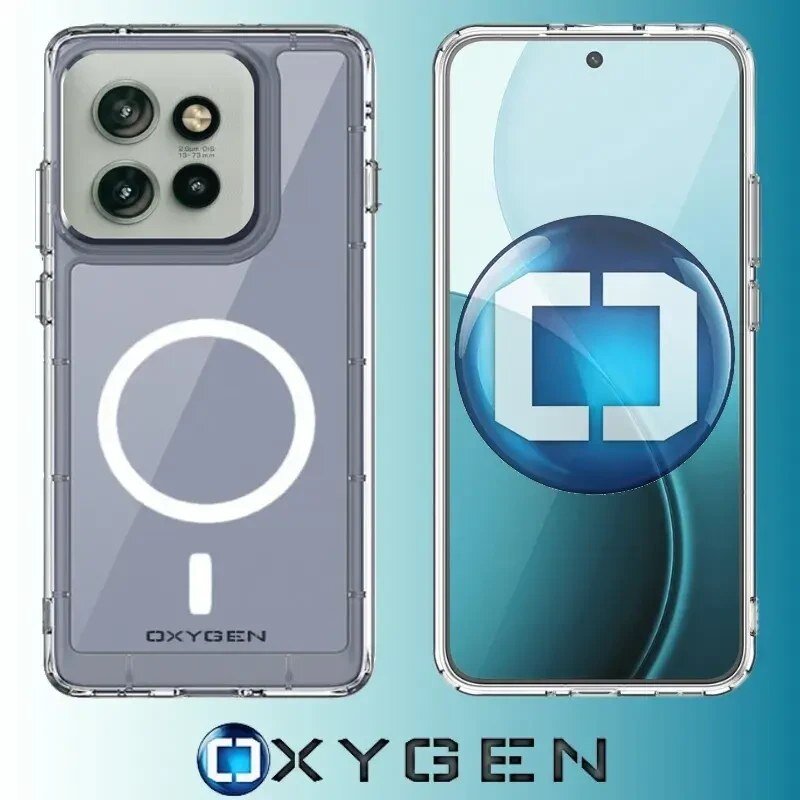 Obraz przedstawia przezroczyste etui na telefon z widocznym logo OXYGEN i okrągłym wzorem na tylnej części. Obok znajduje się telefon z wyświetlaczem, na którym widnieje niebieskie logo OXYGEN.