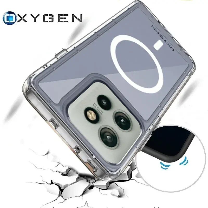 Przezroczyste etui na telefon z widocznym logo \'OXYGEN\' i okrągłym symbolem na tylnej części. Obok znajduje się grafika przedstawiająca wzmocniony narożnik etui oraz pękniętą powierzchnię.