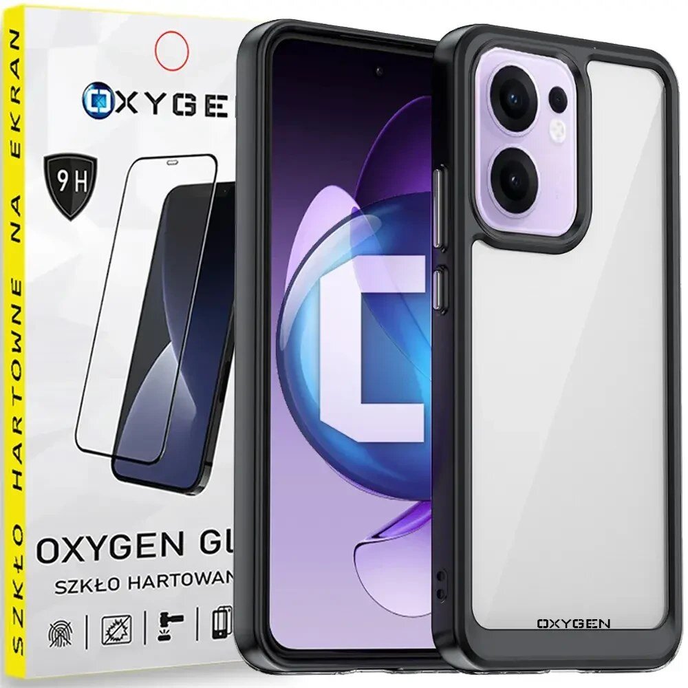 Na obrazie widoczne jest przezroczyste etui na telefon z czarnymi krawędziami oraz opakowanie z napisem \'OXYGEN GUARD SZKŁO HARTOWANE NA EKRAN\'.