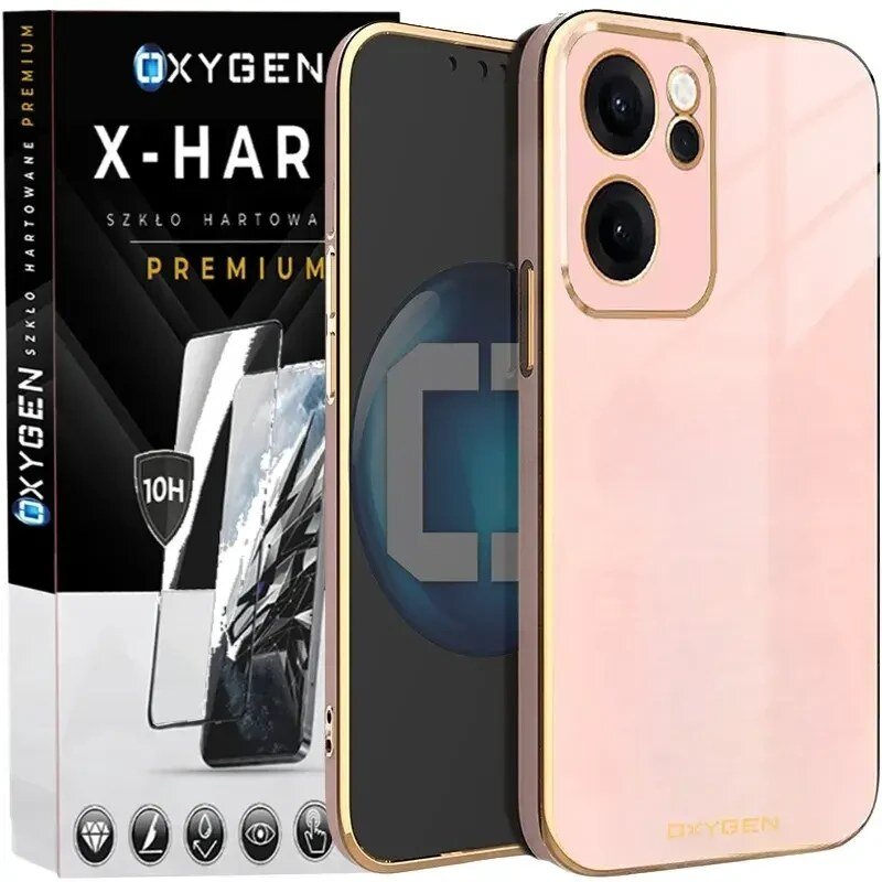 Na obrazie widoczne jest etui na telefon w kolorze różowym z przezroczystym tyłem oraz opakowanie z napisem \'OXYGEN X-HARD SZKŁO HARTOWANE PREMIUM\'.
