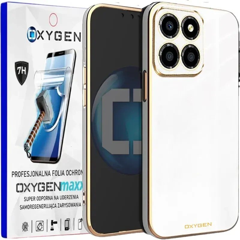 Na obrazie widoczne jest etui na telefon z trzema dużymi otworami na aparaty oraz opakowanie z napisem \'OXYGENmaxx\'. Na opakowaniu znajduje się grafika młotka uderzającego w ekran telefonu oraz tekst \'PROFESJONALNA FOLIA OCHRONNA\'.