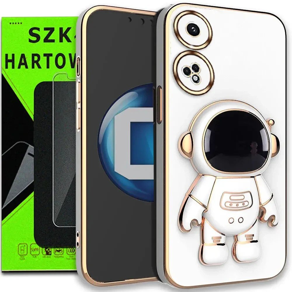 Etui na telefon z motywem astronauty w kolorze białym i złotym, obok opakowanie szkła hartowanego z napisem \'SZKLO HARTOWANE\'.