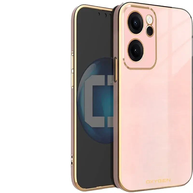 Etui na telefon w kolorze różowym z metalicznymi krawędziami, posiada wycięcia na aparat i przyciski. Na dole widoczny jest napis \'OXYGEN\'.
