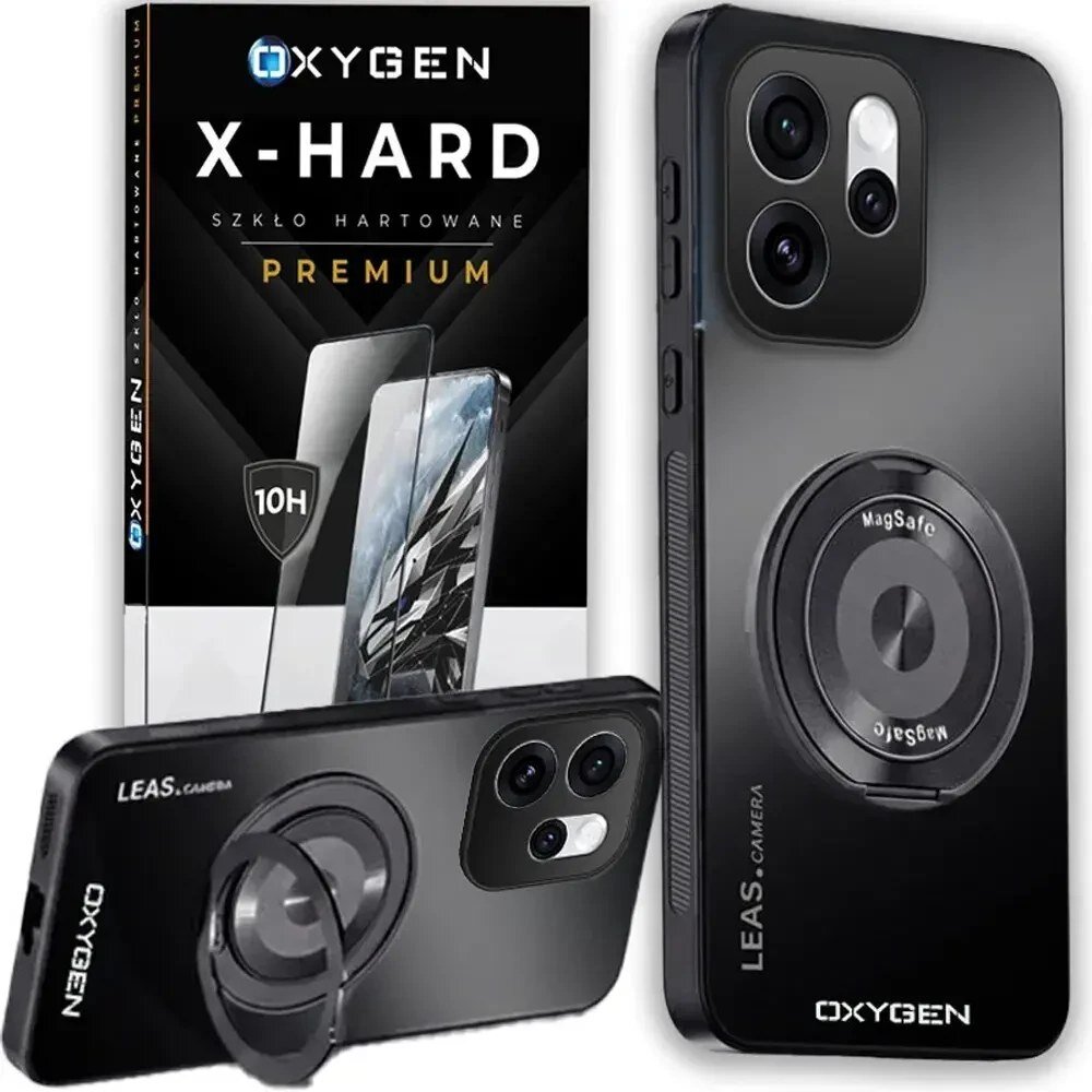 Na obrazie widoczne jest czarne etui na telefon z napisem \'LEAS CAMERA\' oraz \'OXYGEN\', z okrągłym uchwytem oznaczonym \'MagSafe\'. W tle znajduje się opakowanie z napisem \'OXYGEN X-HARD SZKŁO HARTOWANE PREMIUM\'.