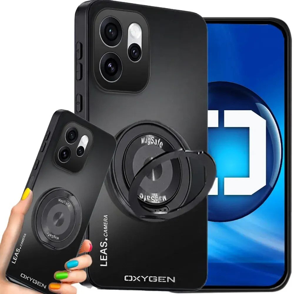 Czarne etui na telefon z napisem \'OXYGEN\' i \'LEAS.CAMERA\', posiada okrągły uchwyt z napisem \'MagSafe\'. W tle widoczny jest ekran telefonu z niebieskim motywem graficznym.