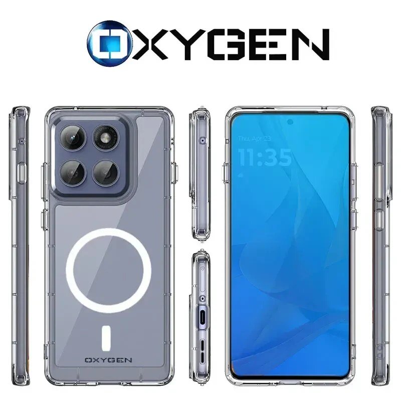 Obraz przedstawia przezroczyste etui na telefon z widocznym logo \'OXYGEN\' oraz okrągłym wzorem na tylnej części. Etui jest pokazane z różnych perspektyw, a na ekranie telefonu widnieje godzina 11:35 i data czwartek, 23 kwietnia.