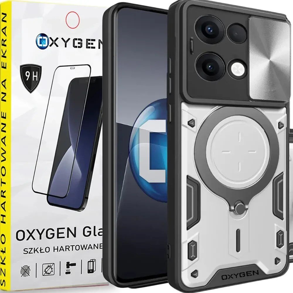 Na obrazie widoczne jest etui na telefon z trzema aparatami oraz opakowanie z napisem \'OXYGEN Glass Szkło Hartowane na Ekran\'. Etui ma nowoczesny design z elementami w kolorze czarnym i srebrnym.