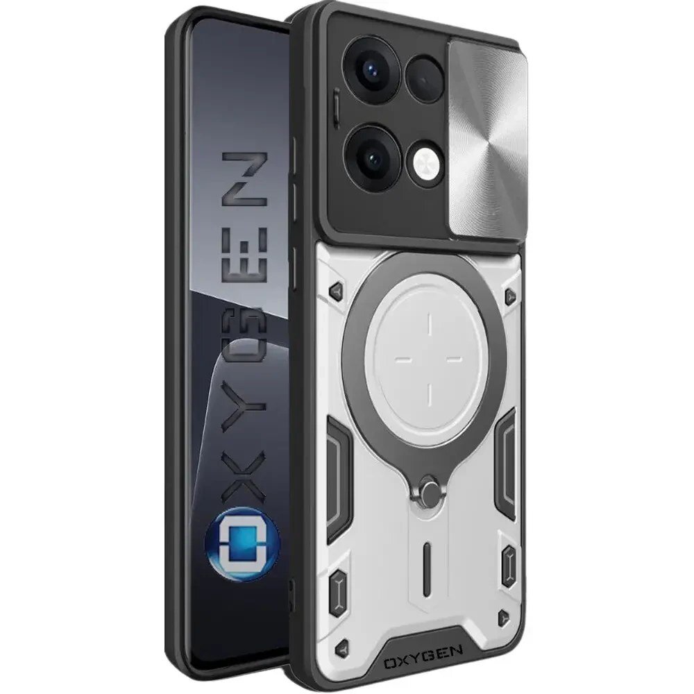 Obraz przedstawia etui na telefon z napisem \'OXYGEN\' na boku. Etui ma nowoczesny design z okrągłym wzorem i kilkoma wycięciami na tylnej części.