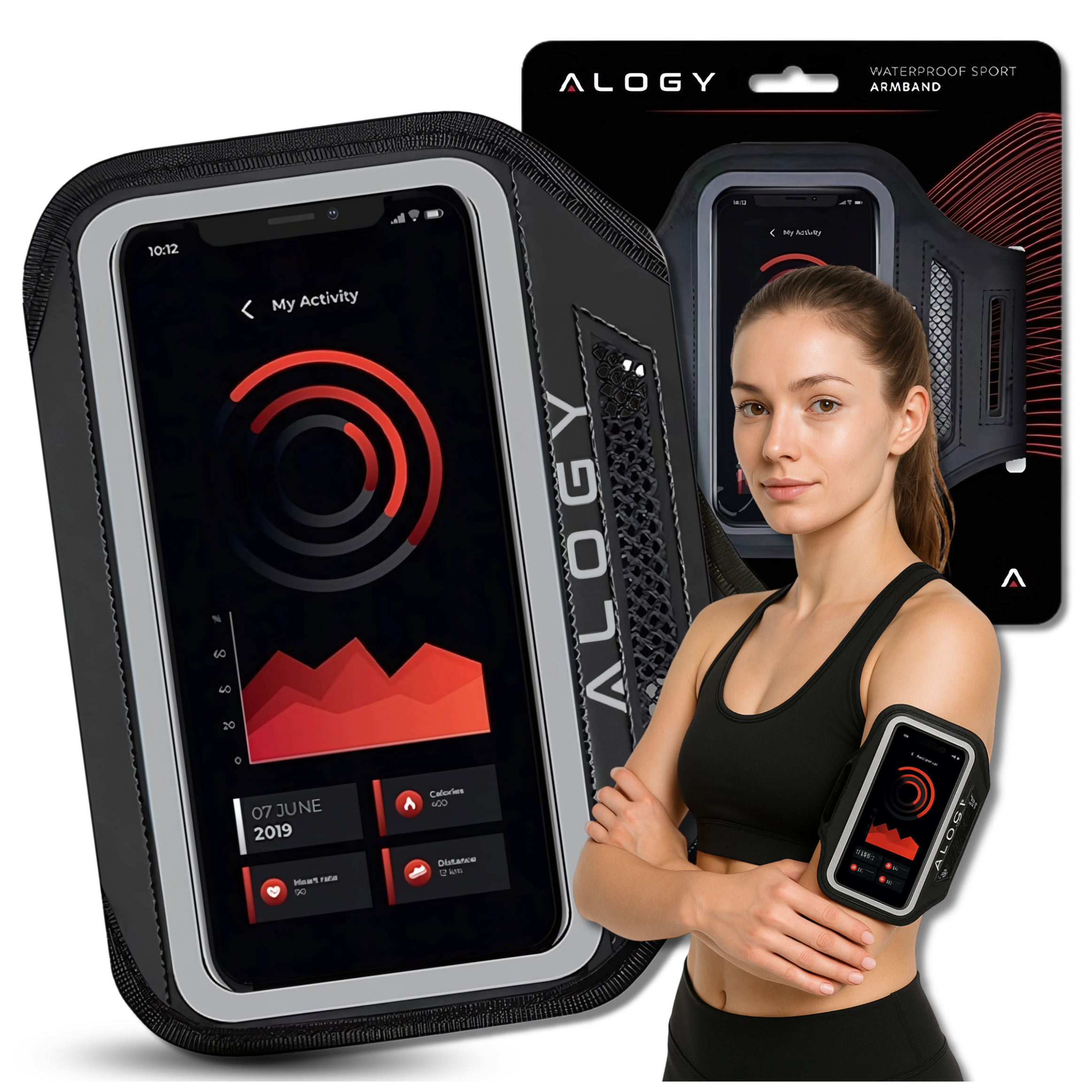 Czarna opaska na ramię z telefonem w środku, wyświetlającym aplikację fitness z wykresami i datą 07 June 2019. Obok opaski stoi osoba w sportowym stroju, a w tle widoczne jest opakowanie z napisem \'ALOGY WATERPROOF SPORT ARMBAND\'.