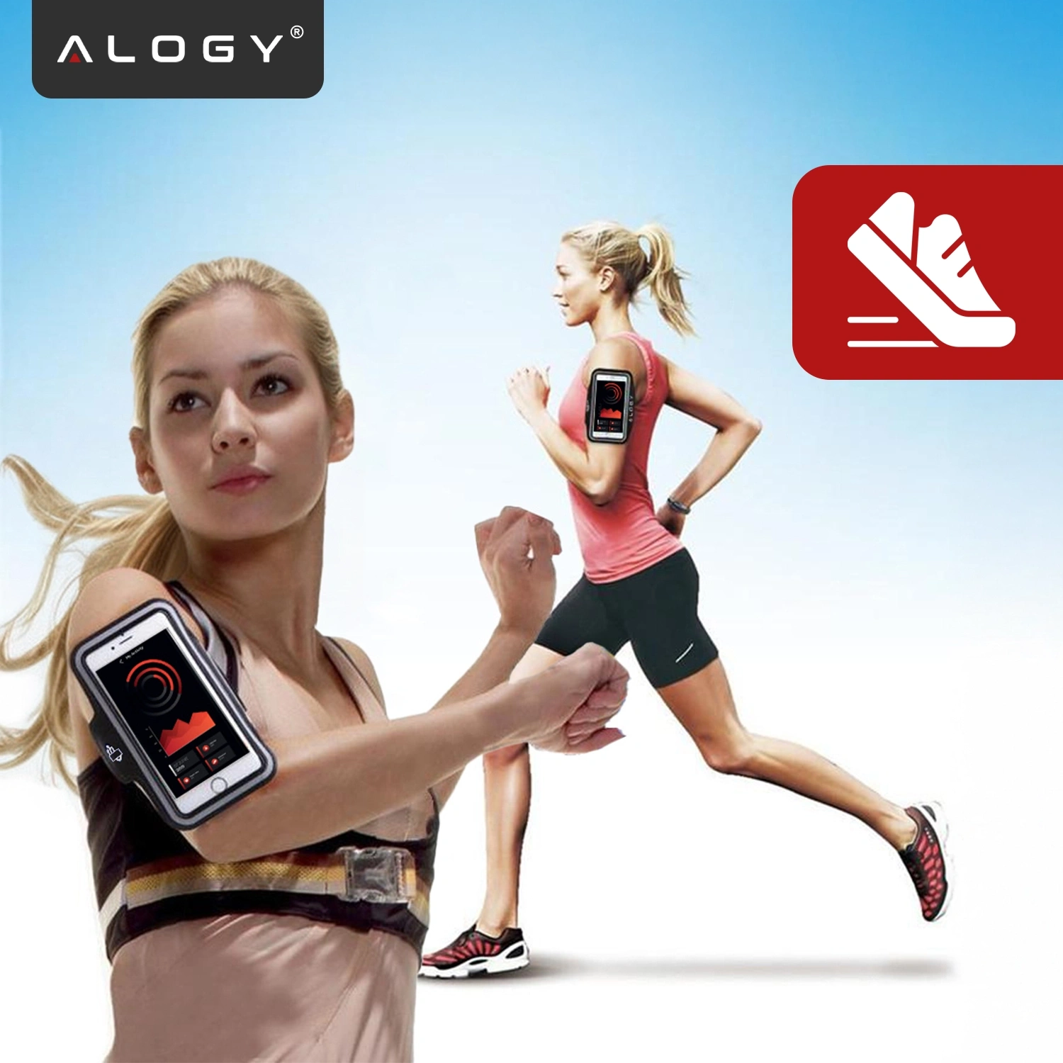 Dwie osoby biegnące z telefonami w czarnych opaskach na ramieniu. W lewym górnym rogu widoczne jest logo \'ALOGY\'.