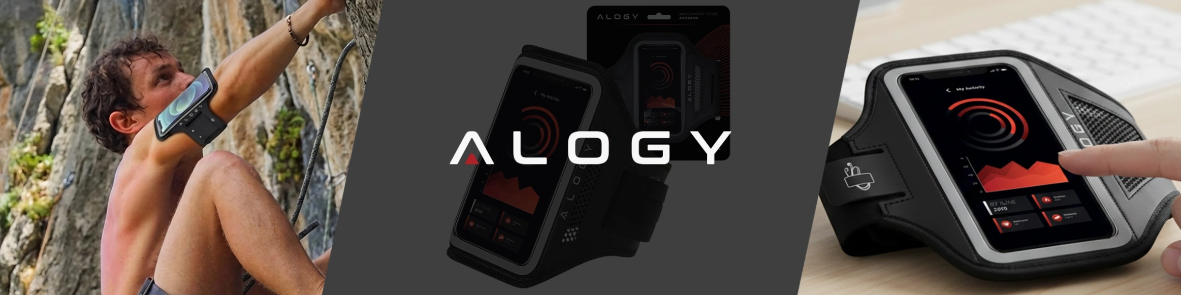 Obraz przedstawia trzy sceny z etui na ramię marki Alogy. Na środku widoczne jest logo \'ALOGY\', a po bokach osoby używające etui podczas aktywności fizycznej.