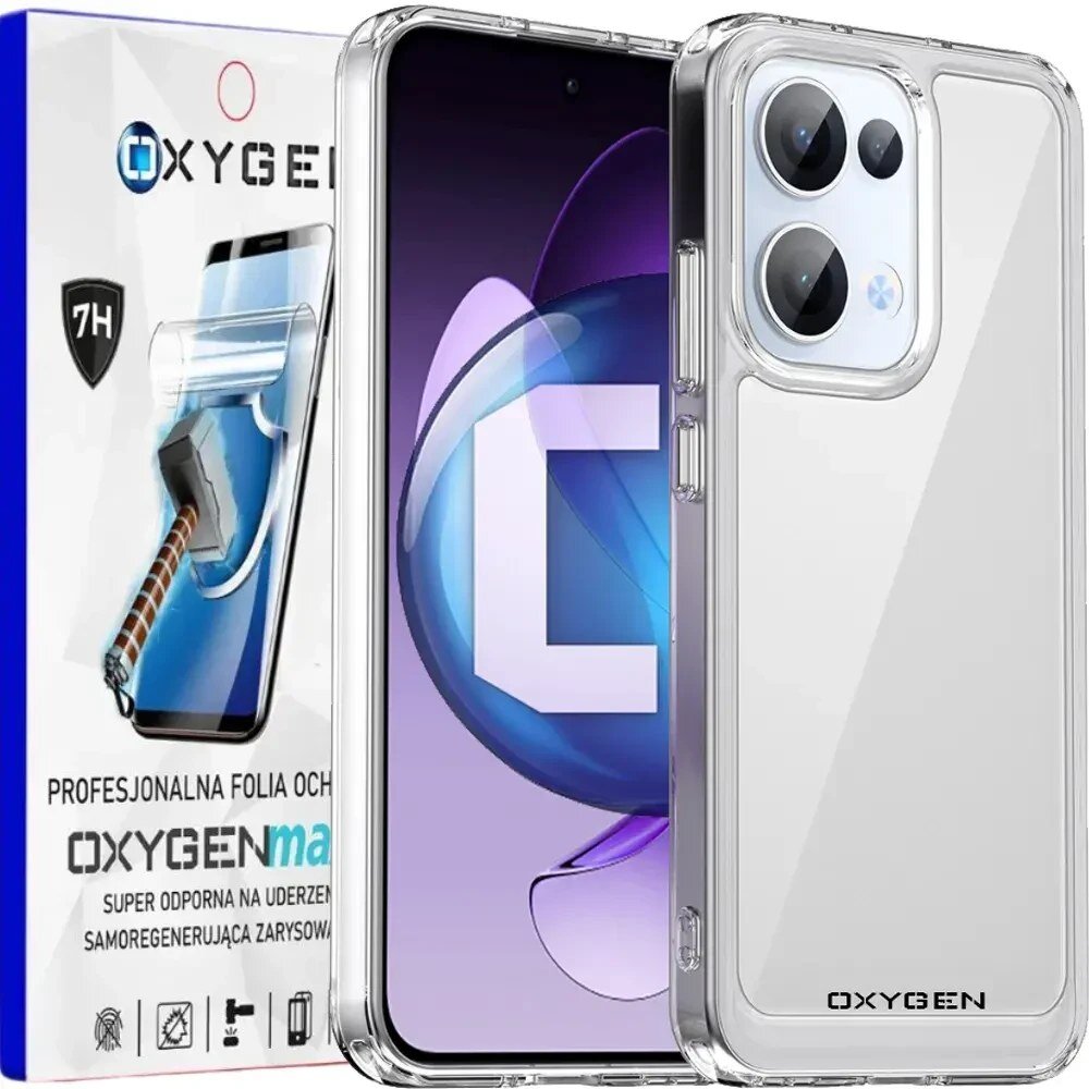 Obraz przedstawia przezroczyste etui na telefon z widocznym logo \'OXYGEN\' oraz opakowanie z grafiką młotka uderzającego w ekran telefonu. Na opakowaniu widnieje tekst: \'PROFESJONALNA FOLIA OCHRONNA OXYGEN max SUPER ODPORNA NA UDERZENIA SAMOREGENERUJĄCA ZARYSOWANIA\'.