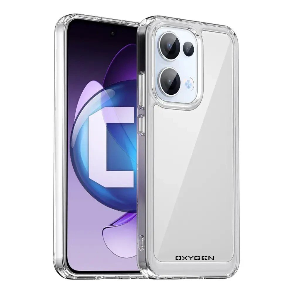Przezroczyste etui na telefon z widocznym napisem \'OXYGEN\' na dolnej części, obok telefonu z wyświetlaczem pokazującym literę \'C\' na fioletowym tle.