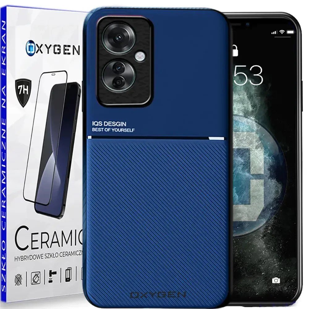 Na obrazie widoczne jest niebieskie etui na telefon z napisem \'IQS DESIGN BEST OF YOURSELF\' oraz opakowanie szkła ceramicznego z logo \'OXYGEN\'.