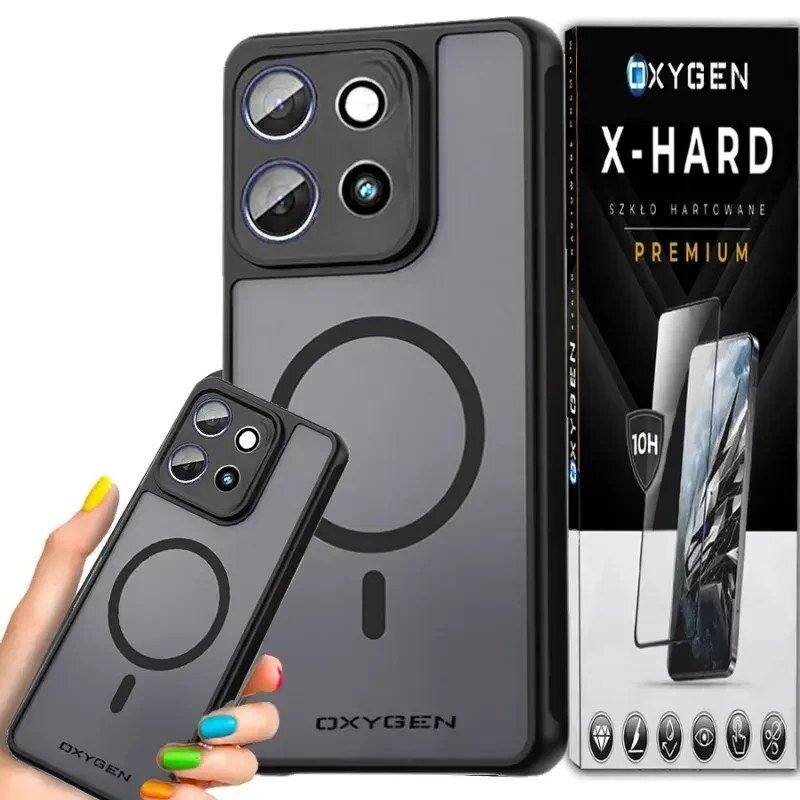 Obraz przedstawia etui na telefon z dużym modułem aparatu i okrągłym wzorem na tylnej części, trzymane w dłoni. Obok znajduje się opakowanie z napisem \'OXYGEN X-HARD Szkło Hartowane Premium\'.