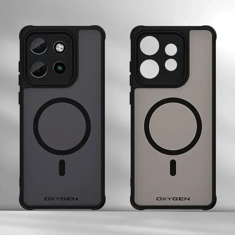 Dwa etui na telefon z logo \'OXYGEN\', jedno w kolorze ciemnoszarym, drugie w jasnoszarym, oba z okrągłym wzorem na środku i wycięciami na aparat.