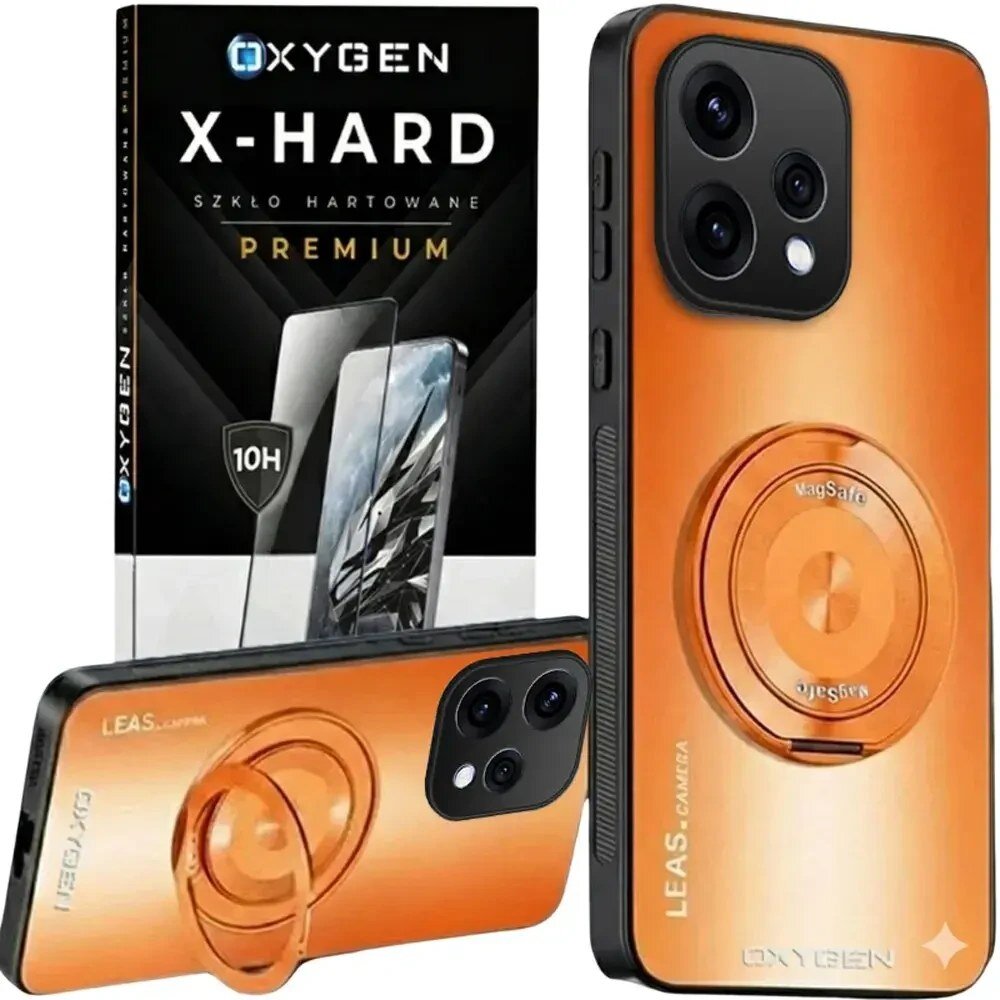 Obraz przedstawia pomarańczowe etui na telefon z widocznym napisem \'MagSafe\' oraz opakowanie szkła hartowanego z napisem \'OXYGEN X-HARD SZKŁO HARTOWANE PREMIUM\'.