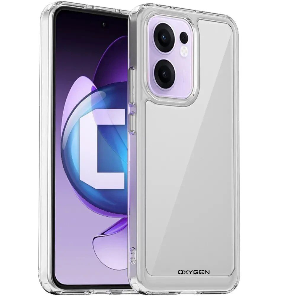 Przezroczyste etui na telefon z widocznym napisem \'OXYGEN\' na dole. Etui jest dopasowane do telefonu z trzema kamerami i wyświetlaczem z grafiką w odcieniach fioletu.