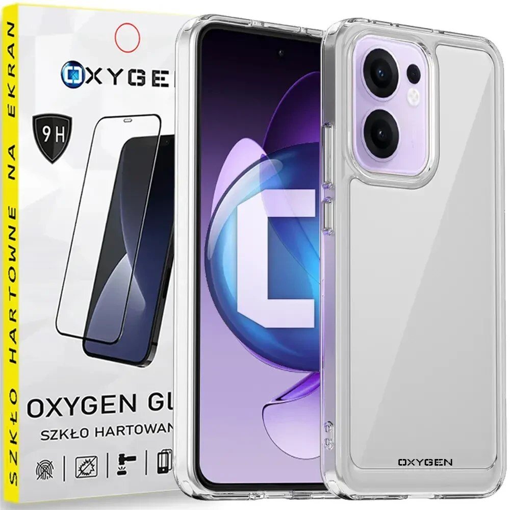 Obraz przedstawia przezroczyste etui na telefon z widocznym napisem \'OXYGEN\' oraz opakowanie z napisem \'OXYGEN GUARD SZKŁO HARTOWANE\'. Na opakowaniu znajduje się symbol 9H oraz ikony związane z ochroną ekranu.