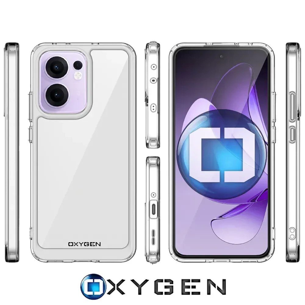 Obraz przedstawia przezroczyste etui na telefon z widocznym logo \'OXYGEN\' na dole. W tle znajduje się telefon z wyświetlaczem pokazującym abstrakcyjny wzór i logo OXYGEN.