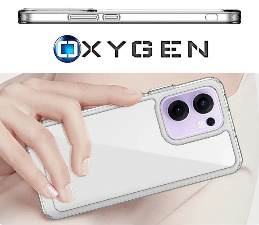 Obraz przedstawia przezroczyste etui na telefon z widocznymi przyciskami bocznymi i wycięciem na aparat. Nad etui znajduje się logo z napisem \'OXYGEN\'.