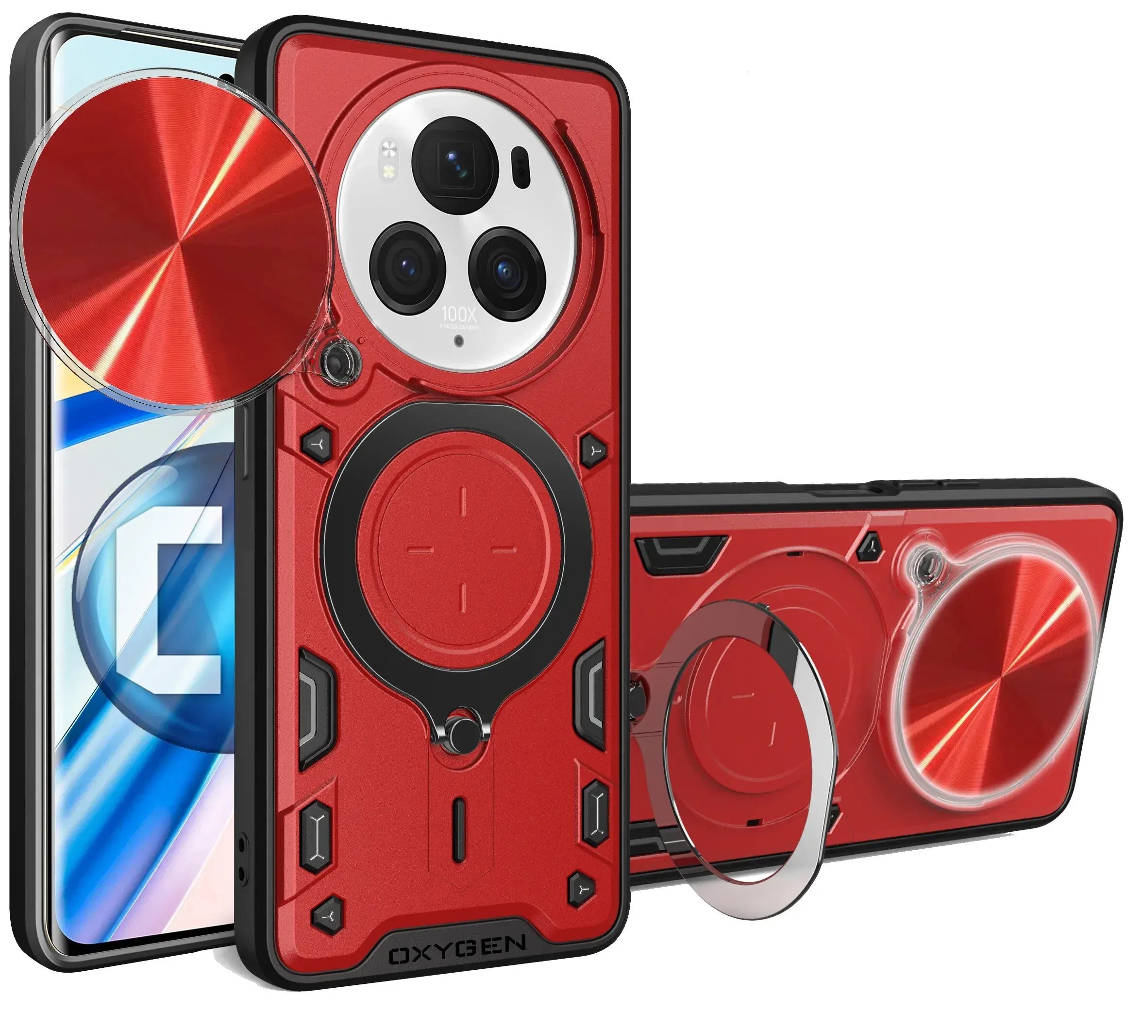 Czerwone etui na telefon z okrągłym wzorem i napisem \'OXYGEN\' na dole. W tle widoczny jest telefon z wyświetlaczem i trzema obiektywami aparatu.