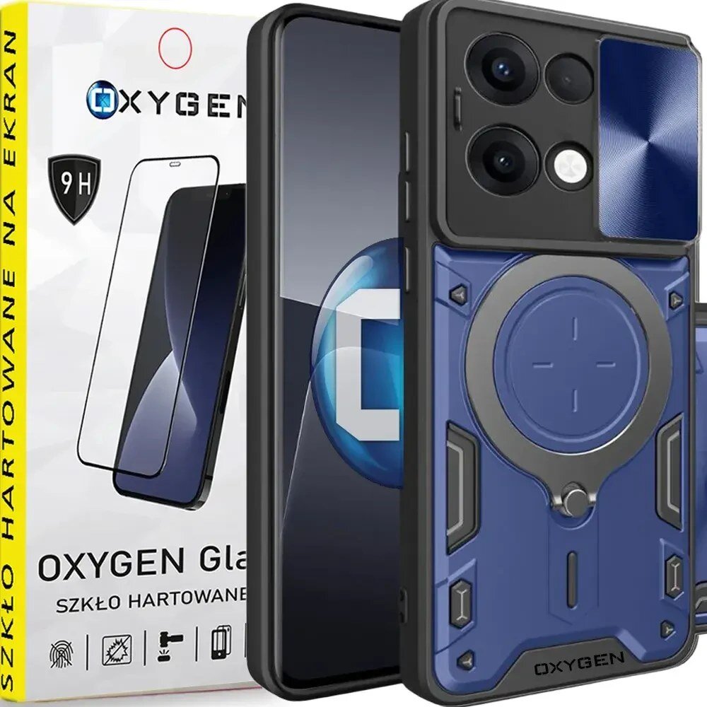 Na obrazie widoczne jest etui na telefon w kolorze niebieskim z napisem \'OXYGEN\' oraz opakowanie z tekstem \'OXYGEN Glass Szkło Hartowane 9H\'.