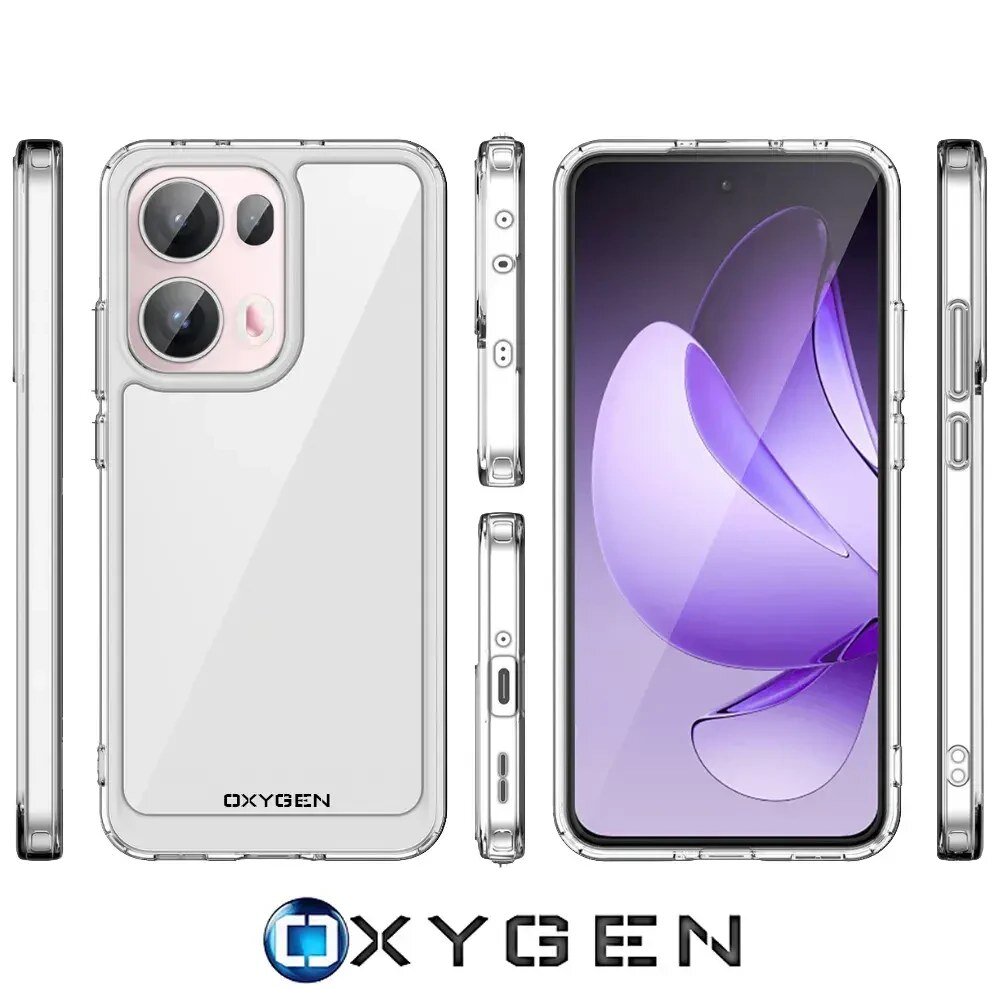 Obraz przedstawia przezroczyste etui na telefon z widocznymi wycięciami na aparat i przyciski. Na dole etui znajduje się napis \'OXYGEN\', a poniżej logo OXYGEN.