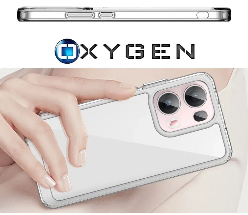 Obraz przedstawia przezroczyste etui na telefon z widocznymi przyciskami bocznymi i dużymi wycięciami na aparaty. Nad etui znajduje się logo \'OXYGEN\'.