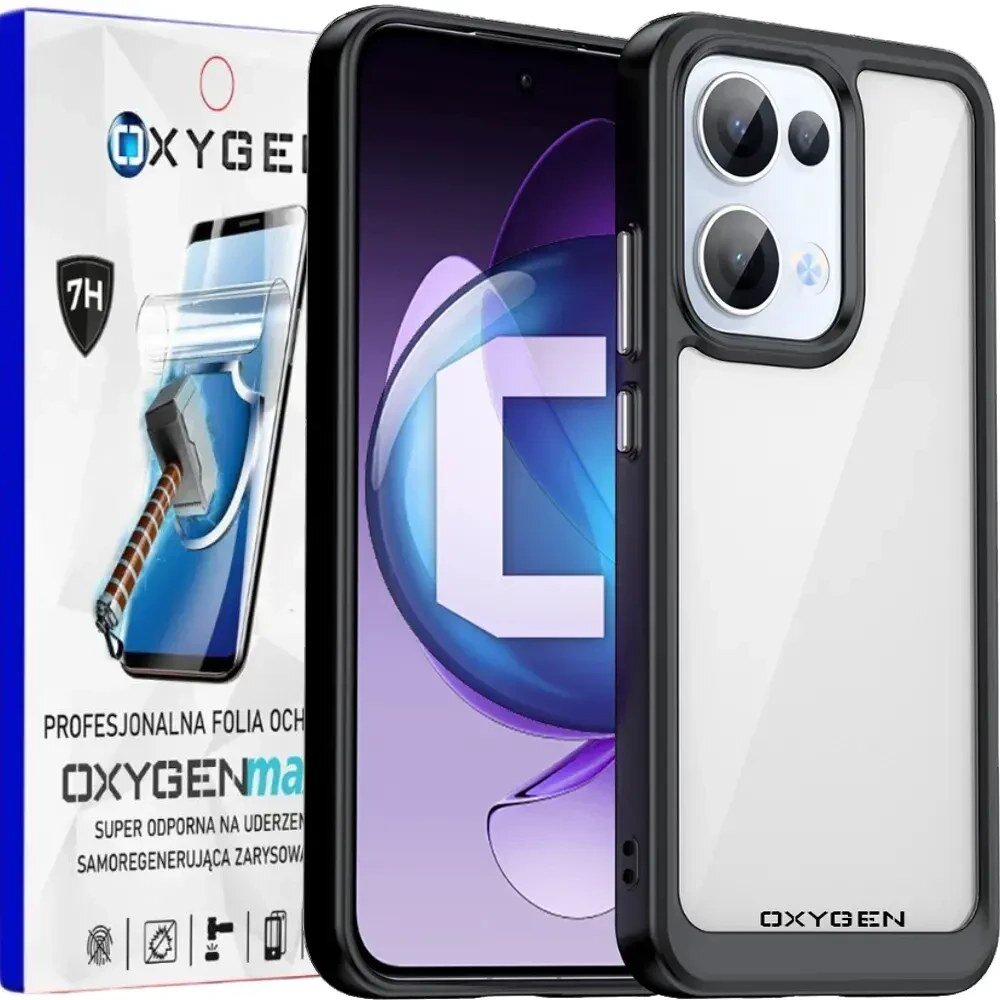 Obraz przedstawia etui na telefon z przezroczystym tyłem i czarnymi krawędziami, obok znajduje się opakowanie z napisem \'OXYGEN\'. Na opakowaniu widoczny jest również tekst: \'PROFESJONALNA FOLIA OCHRONNA OXYGEN max SUPER ODPORNA NA UDERZENIA SAMOREGENERUJĄCA ZARYSOWANIA\'.