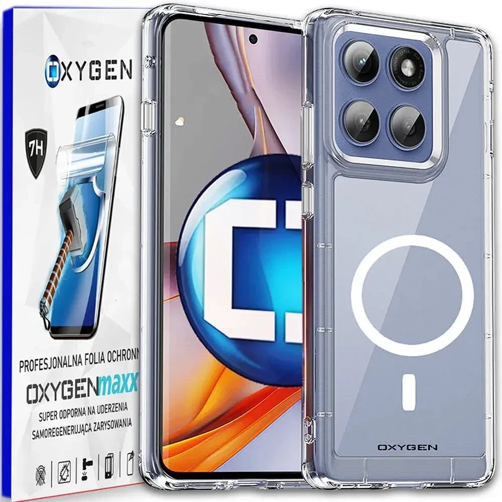 Obraz przedstawia przezroczyste etui na telefon z widocznym logo OXYGEN oraz opakowanie z napisem \'OXYGENmaxx\'.