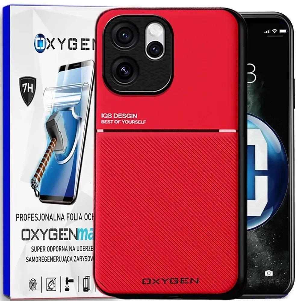 Na obrazie widoczne jest czerwone etui na telefon z napisem \'IQS DESIGN BEST OF YOURSELF\' oraz opakowanie z tekstem \'OXYGEN\', \'PROFESJONALNA FOLIA OCHRONNA\', \'SUPER ODPORNA NA UDERZENIA\', \'SAMOREGENERUJĄCA ZARYSOWANIA\'.