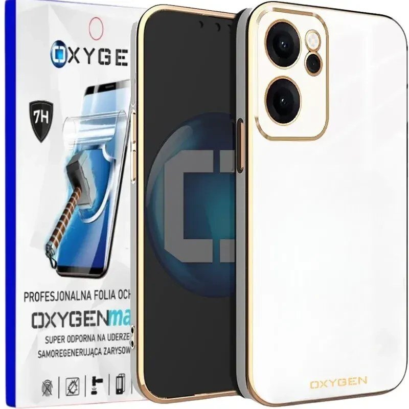 Na obrazie widoczne jest przezroczyste etui na telefon z elementami w kolorze złotym oraz opakowanie z napisem \'OXYGEN\' i grafiką młotka uderzającego w ekran. Na opakowaniu znajduje się tekst: \'PROFESJONALNA FOLIA OCHRONNA OXYGENmax SUPER ODPORNA NA UDERZENIA SAMOREGENERUJĄCA ZARYSOWANIA\'.