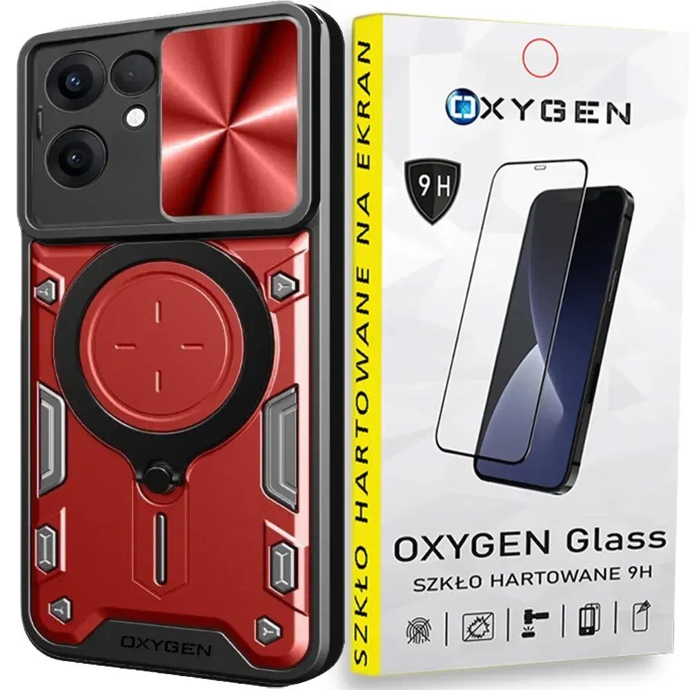 Na obrazie widoczne jest czerwone etui na telefon z okrągłym wzorem oraz opakowanie szkła hartowanego z napisem \'OXYGEN Glass SZKŁO HARTOWANE 9H\'.
