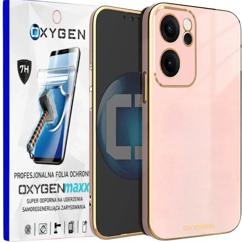 Na obrazie widoczne jest etui na telefon w kolorze różowym z dwoma dużymi otworami na aparaty oraz opakowanie z napisem \'OXYGENmaxx\'.