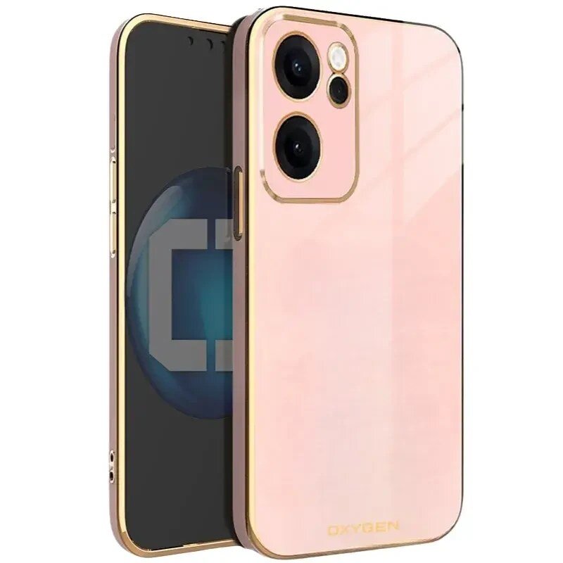 Obraz przedstawia różowe etui na telefon z dwoma dużymi otworami na aparaty i napisem \'OXYGEN\' na dole. Etui ma złote krawędzie i jest przeznaczone do telefonu z logo w kształcie litery C na ekranie.