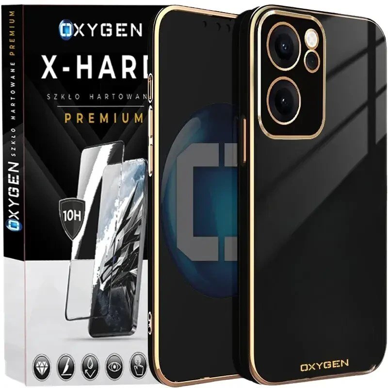 Na obrazie widoczne jest czarne etui na telefon z złotymi krawędziami oraz opakowanie z napisem \'OXYGEN X-HARD SZKŁO HARTOWANE PREMIUM\'.