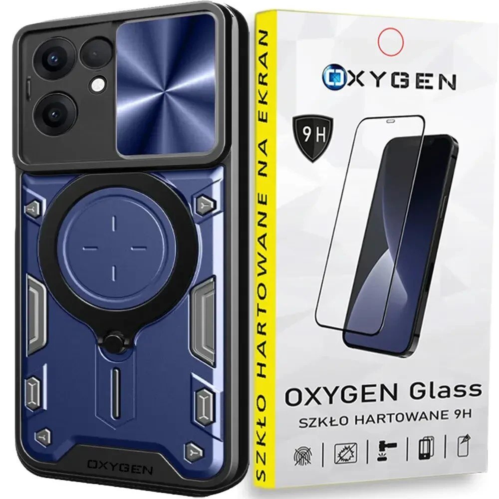 Na obrazie widoczne jest etui na telefon w kolorze niebieskim z czarnymi elementami oraz opakowanie szkła hartowanego z napisem \'OXYGEN Glass SZKŁO HARTOWANE 9H\'.