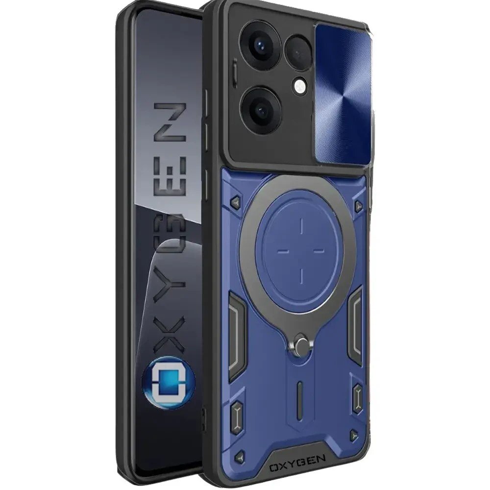 Na obrazie widoczne jest etui na telefon w kolorze niebieskim z czarnymi elementami, posiadające okrągły wzór na środku. Obok etui znajduje się napis \'OXYGEN\' oraz logo w kształcie litery \'O\'.