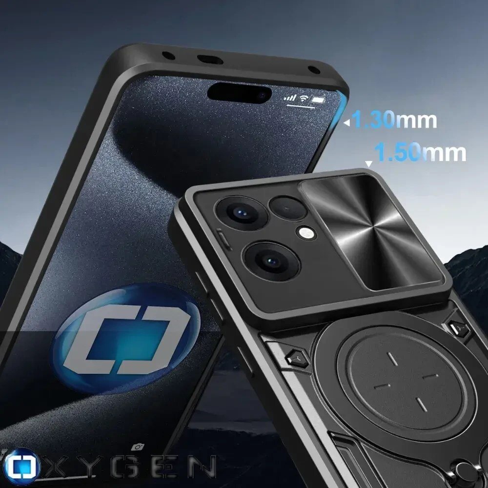 Obraz przedstawia etui na telefon z widocznymi wymiarami 1.30mm i 1.50mm oraz logo OXYGEN. W tle widać telefon z trzema obiektywami aparatu i okrągłym wzorem na etui.