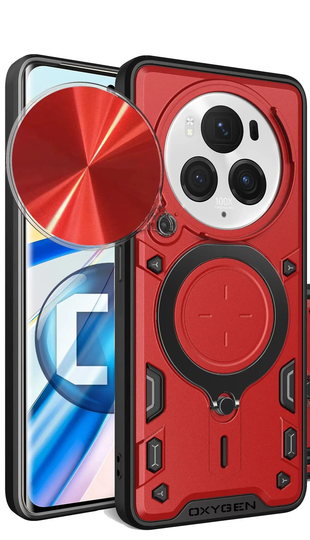 Obraz przedstawia czerwone etui na telefon z napisem \'OXYGEN\' na dole, z okrągłym wycięciem na aparat i dodatkowymi elementami ochronnymi. Obok etui widoczny jest telefon z wyświetlaczem, na którym widać kolorowy wzór i literę \'C\'.